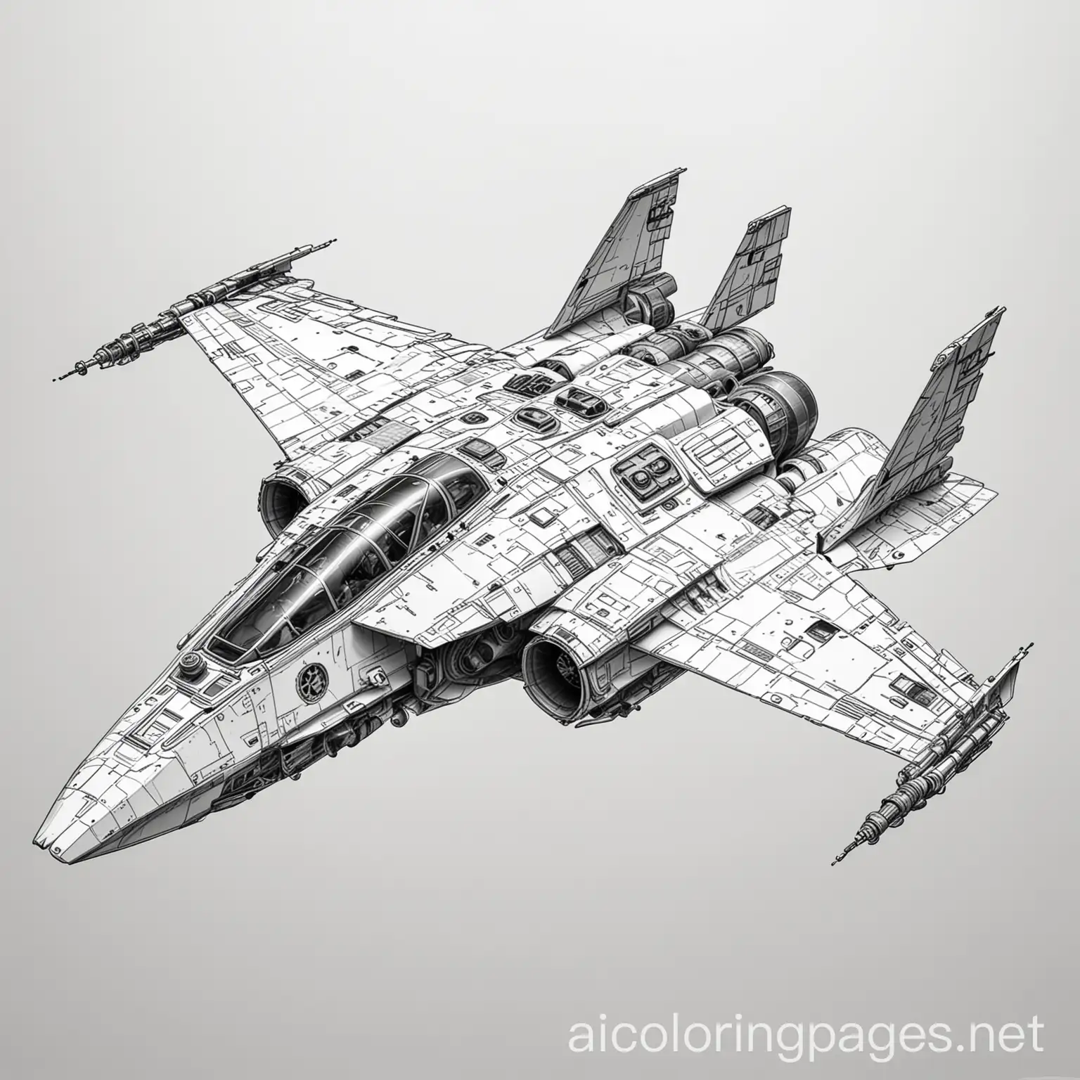 Star Wars fighter plane, Coloring Page, black and white, line art, white background, Simplicity, Ample White Space.