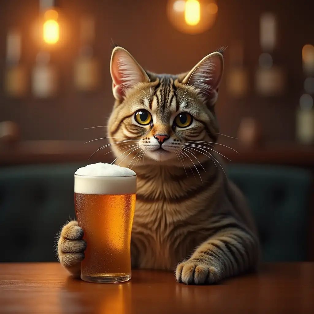 A realistic cat is sitting at a bar table with a glass of beer facing me