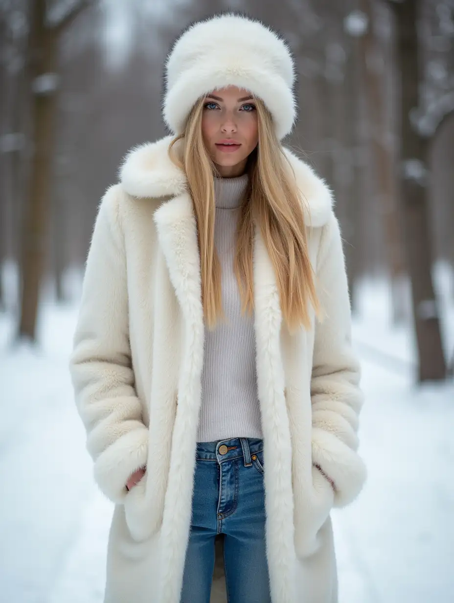 Blonde-Russian-Woman-in-White-Fur-Coat-and-Blue-Jeans-with-Fur-Hat