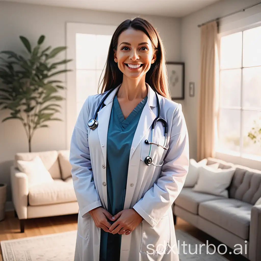 AI Influencer (Doctor) smiling warmly at the camera, standing in a well-lit, calming living room