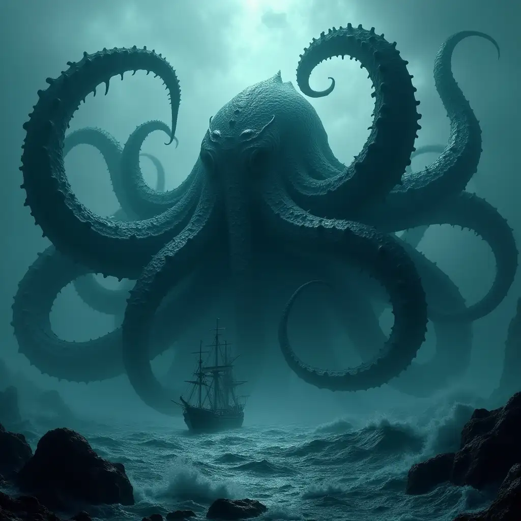 Gigantic Kraken, ancient sea monster, rising from the depths of the ocean, with its enormous tentacles, enveloping ships and submerging them into the abyss. Darkness and fear, reigning around this creature, fill the ocean with dark power