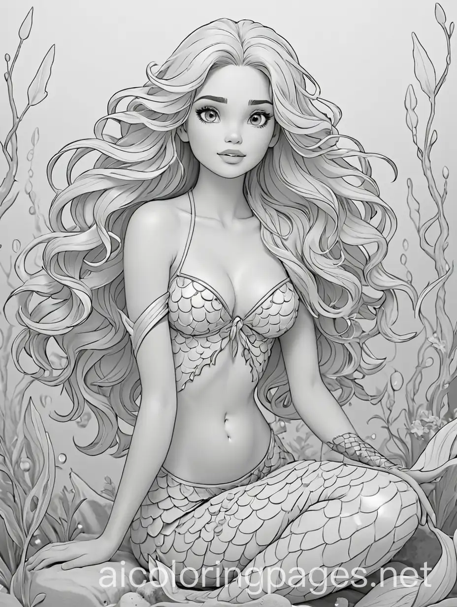 Mermaid adult fantasy, Coloring Page, black and white, line art, white background, Simplicity, Ample White Space. The background of the coloring page is plain white to make it easy for young children to color within the lines. The outlines of all the subjects are easy to distinguish, making it simple for kids to color without too much difficulty