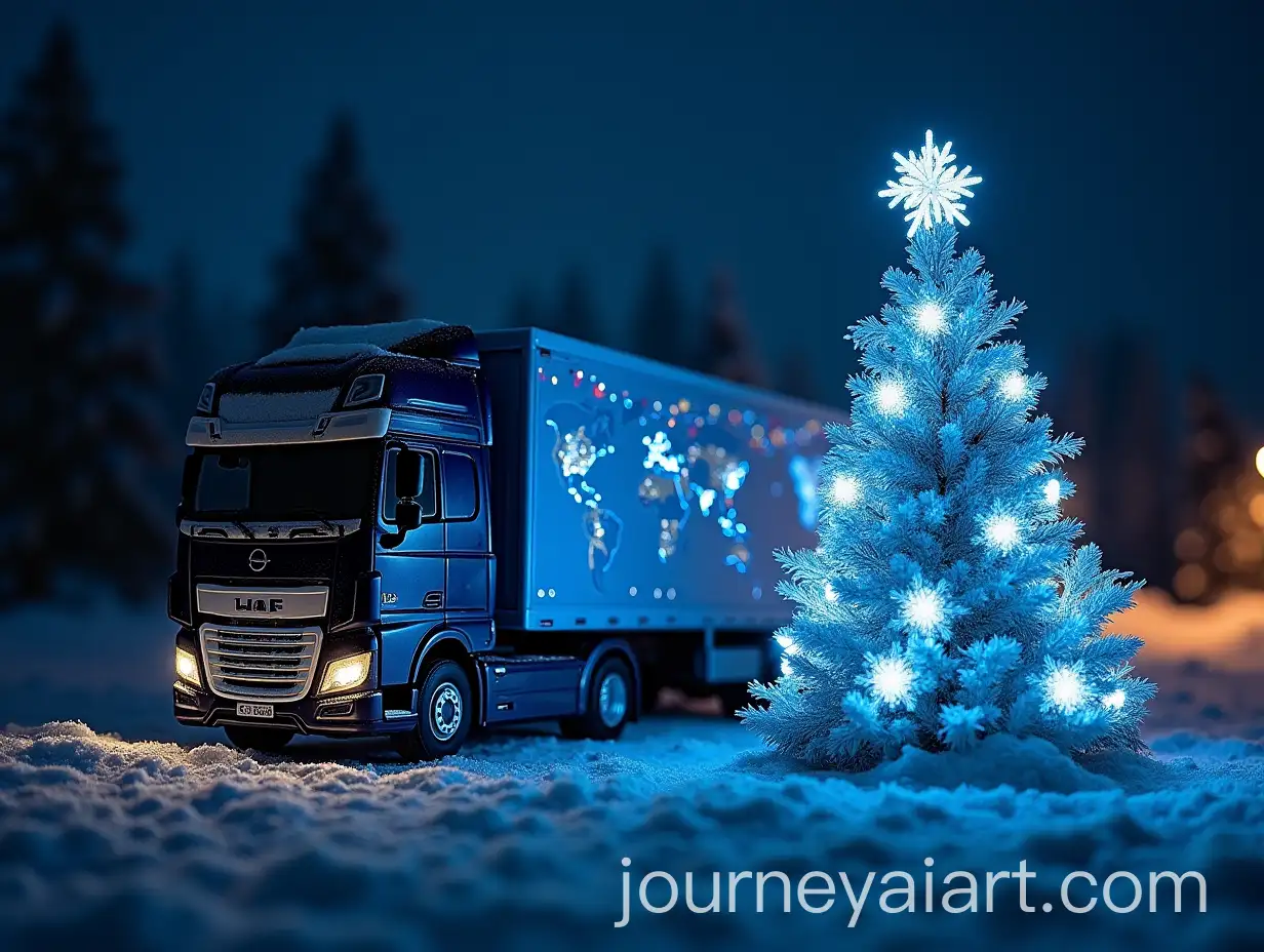 Christmas-Tree-on-Blue-DAF-Cargo-Truck-with-Snowflakes-and-Lights-at-Night-with-World-Map-Background