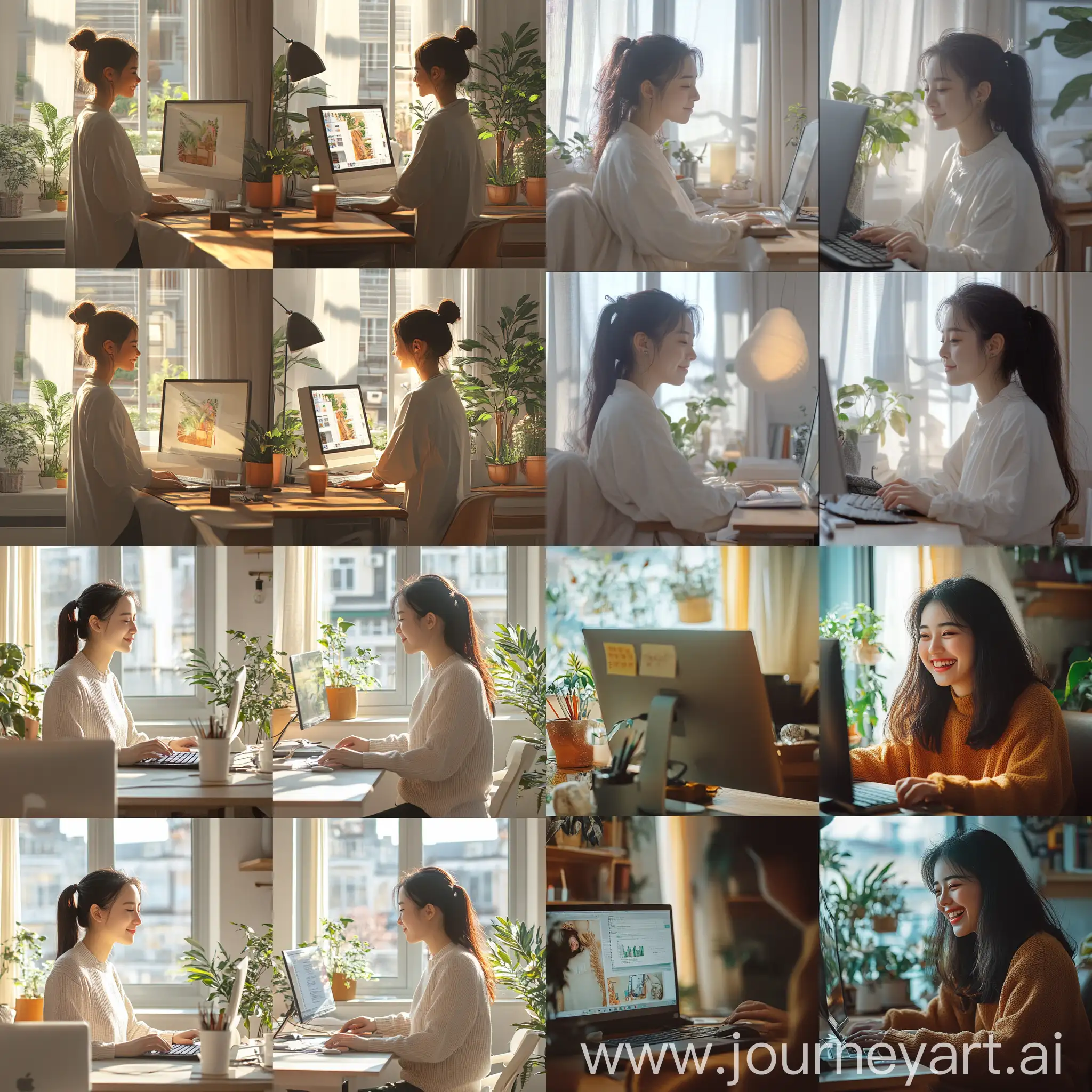 Young-Chinese-Woman-Working-on-Computer-in-Bright-Daytime-Apartment