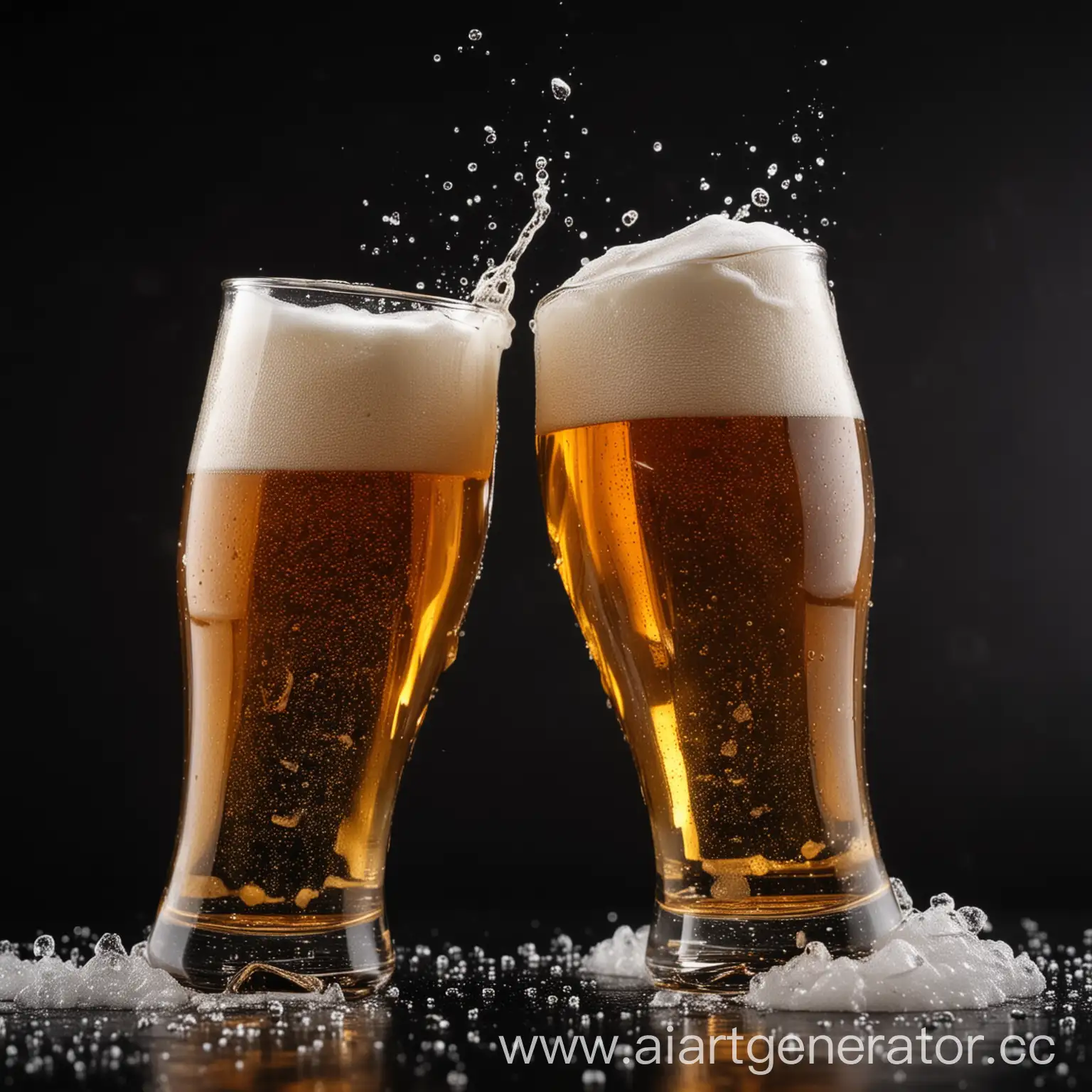 Two-Foamy-Beer-Glasses-Tilted-on-Black-Background