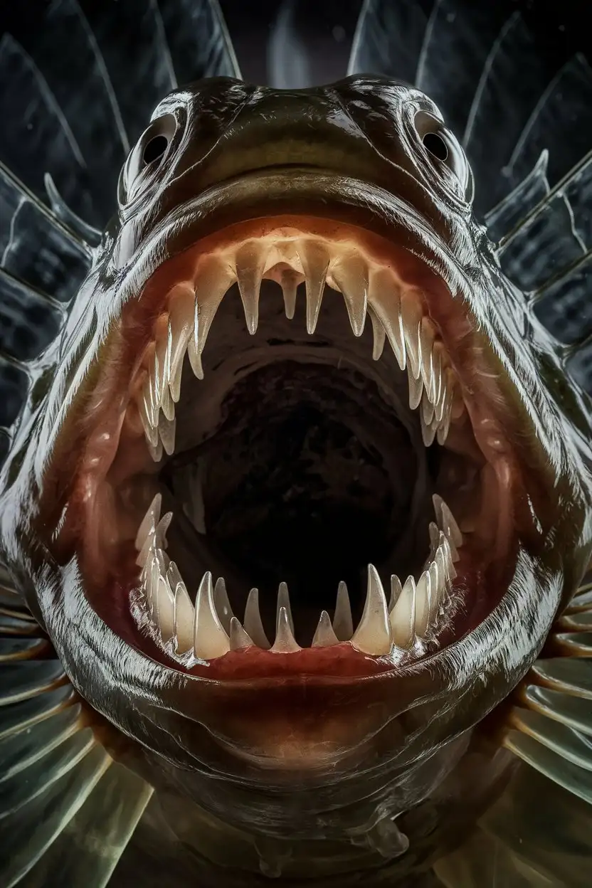 Horrifying, detailed close-up of an anglerfish's open mouth, showcasing its rows of sharp, translucent teeth.  The mouth is agape, revealing the depth of its gullet.  Use dramatic lighting to emphasize the sharpness and menacing nature of the teeth.  Dark, wet, and slightly slimy texture.  Photorealistic, horror-inspired, reminiscent of creature design in a dark fantasy film