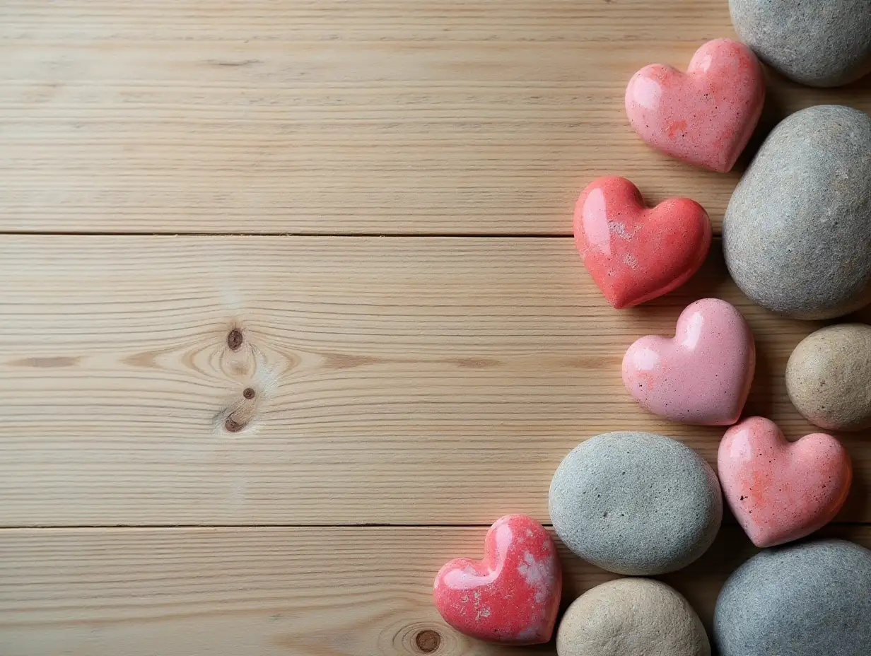 heart shaped rocks on a wooden background. with copy space image. Place for adding text or design