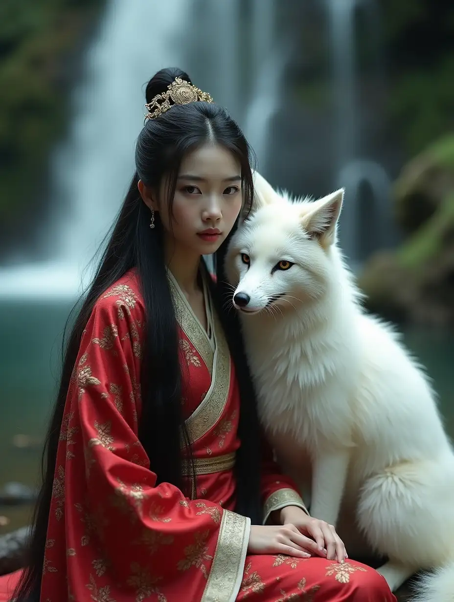 Enchanting-Chinese-Horror-Woman-in-Luxurious-Hanfu-with-Fox-by-a-Waterfall