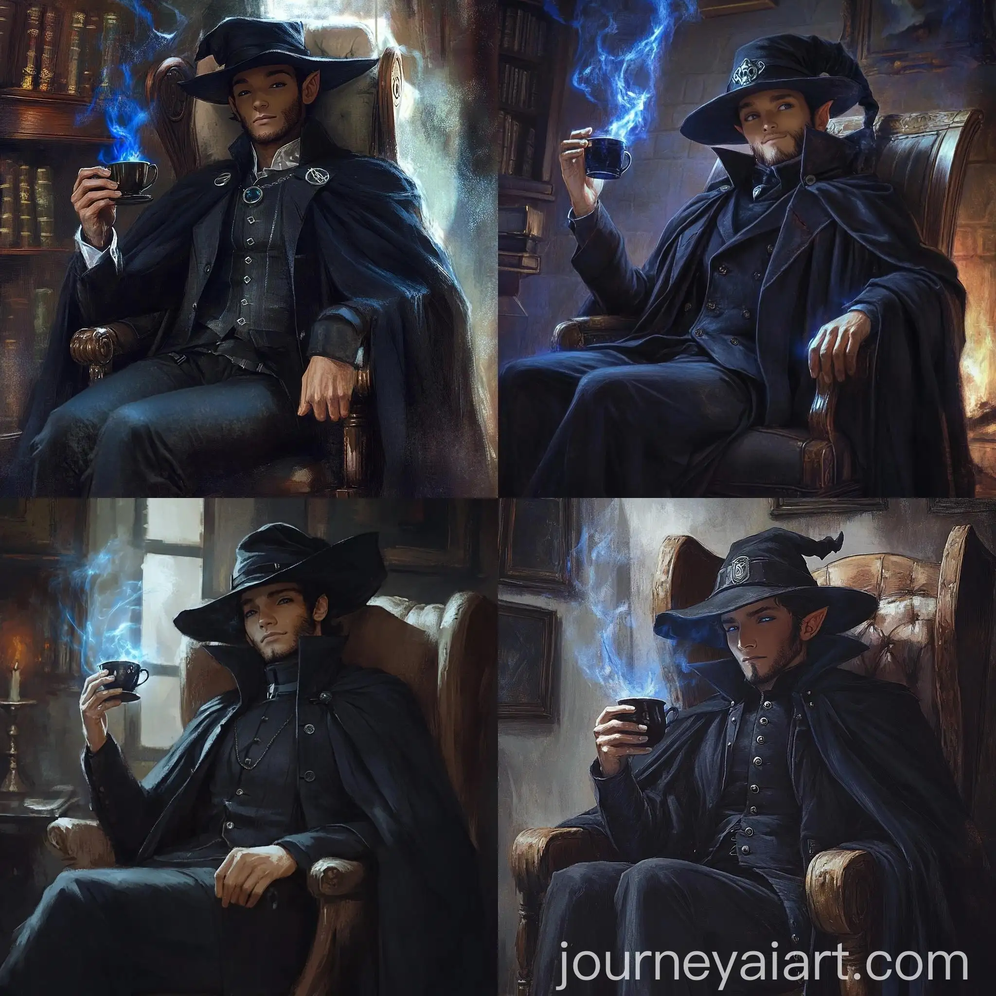 Young-Male-Wizard-Enjoying-Tea-in-Academy-with-Blue-Flame-Magic