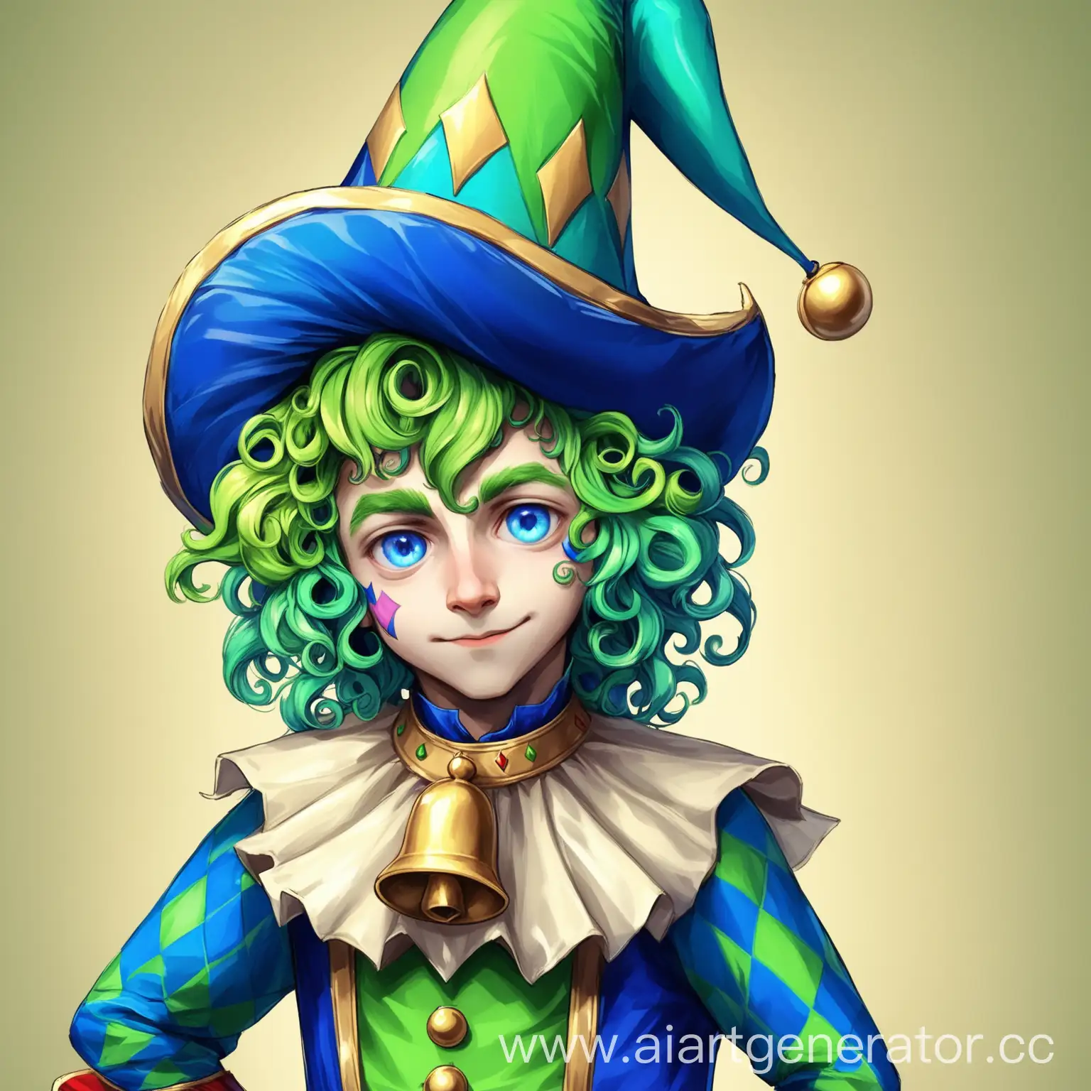 Haughty-Boy-with-Lime-Green-Curly-Hair-in-Jester-Costume-with-Bells