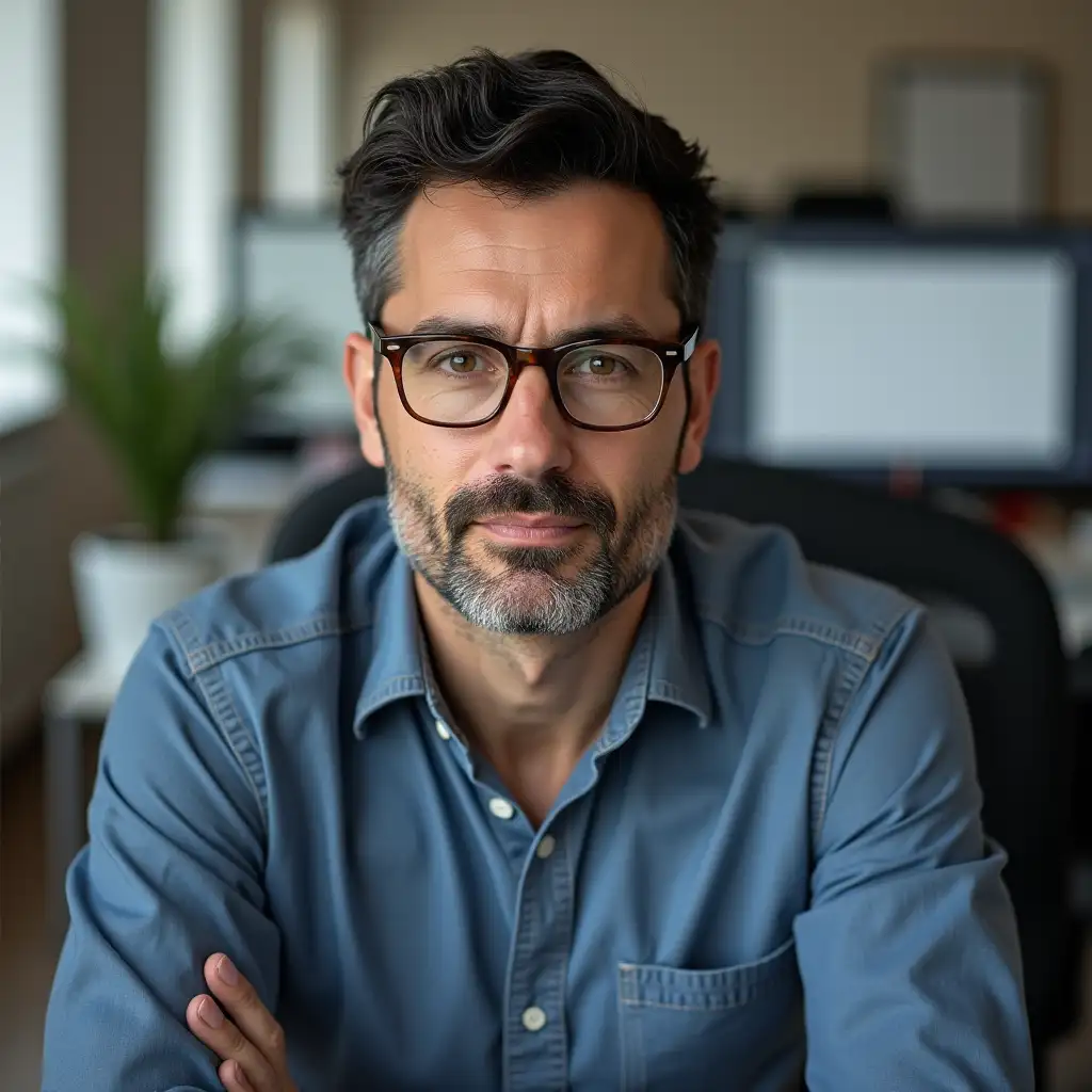 ordinary office worker, man, middle-aged, European, no glasses, shaved face, dark hair, sitting by office desk