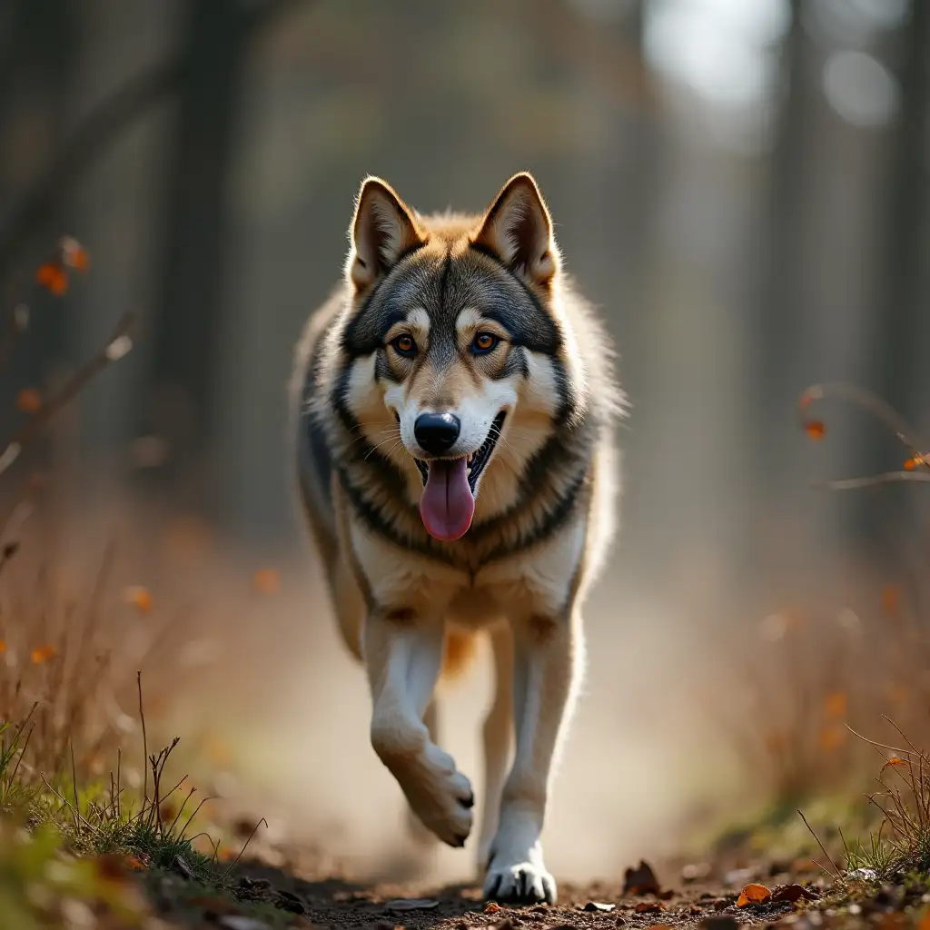 a dog running and suddenly turns into a very big wolf