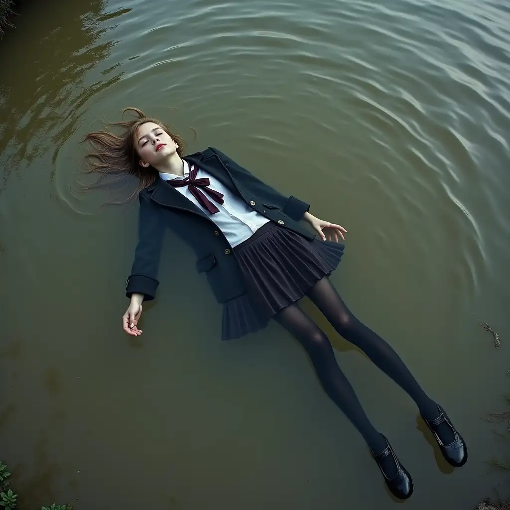 A young schoolgirl in a school uniform, in a skirt, jacket, blouse, dark tights, high-heeled shoes. She is swimming in a dirty pond, lying underwater, all her clothes are completely wet, wet clothes stick to her body, the whole body is under water, submerged in water, under the surface of the water, below the water's edge.