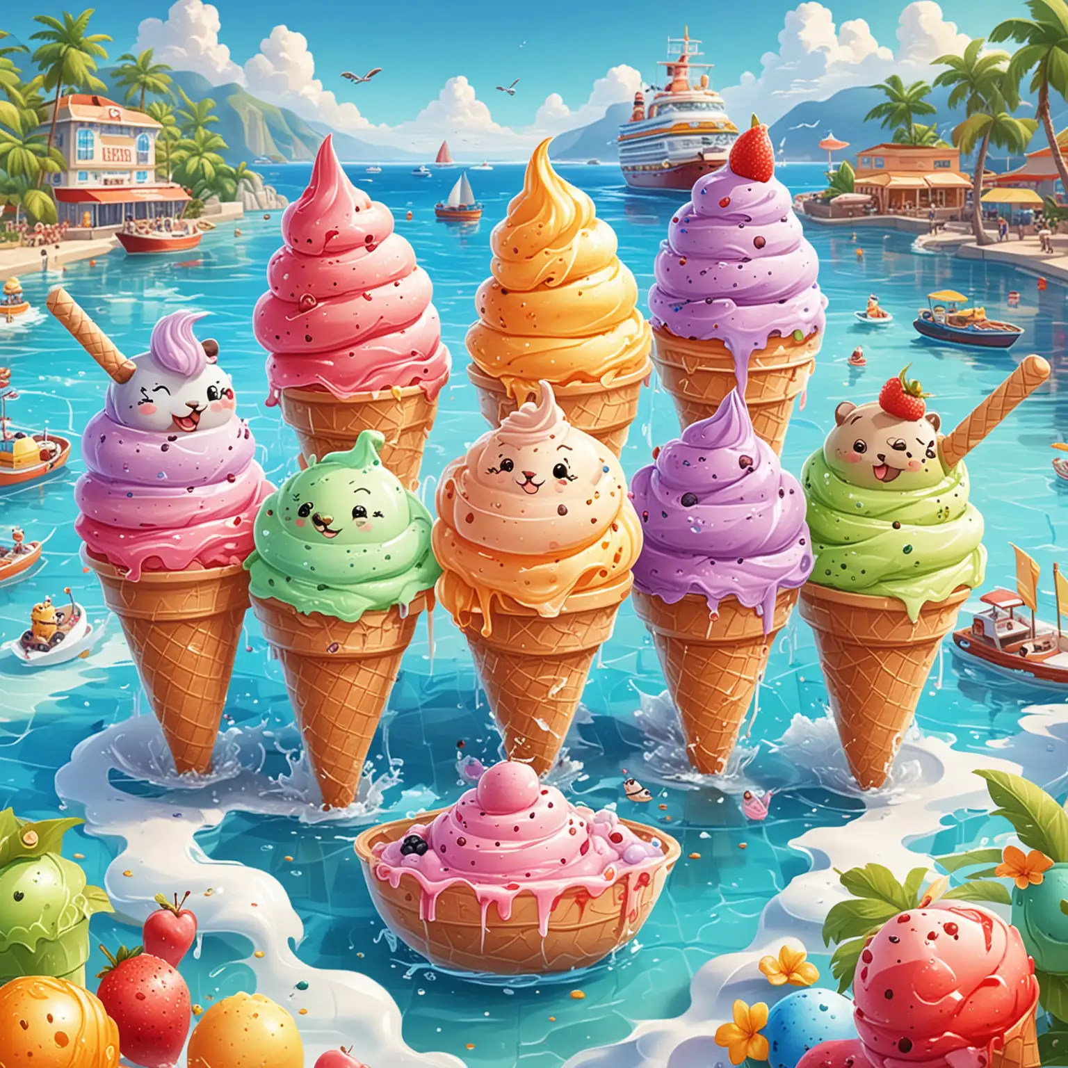 Cute cartoon ice cream themed puzzle game with cute animals on a cruise, colorful, gelato, slushies, summer, islands, cruise ship