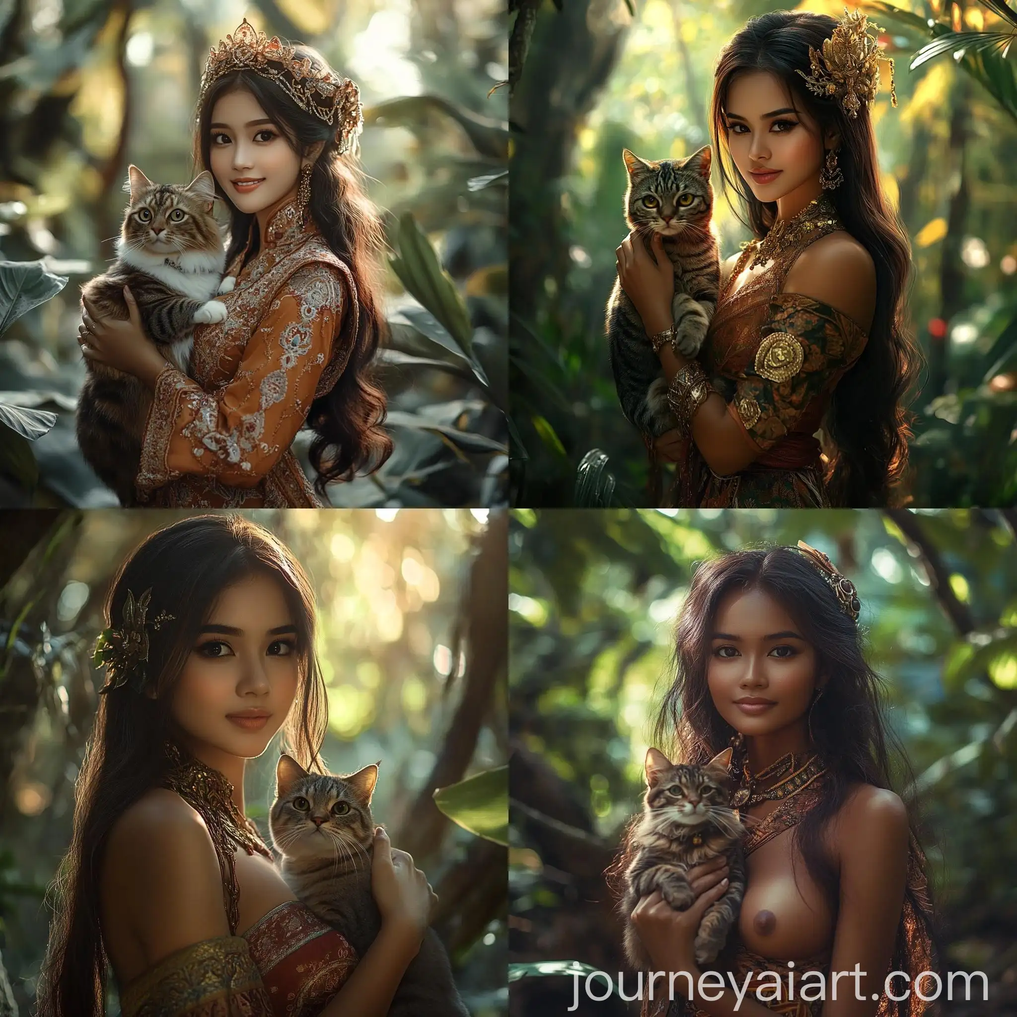Sundanese-Woman-in-Traditional-Dress-Holding-a-Cat-in-Forest-Light