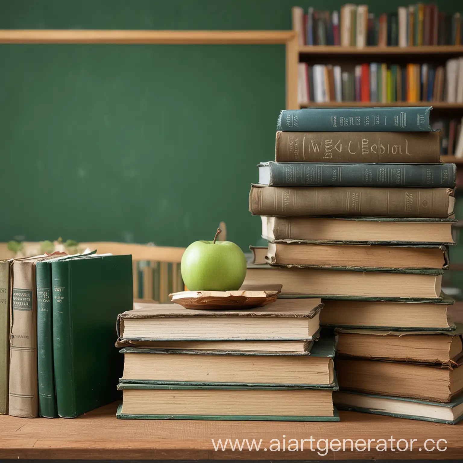 Books-on-Table-with-Green-School-Board-Background