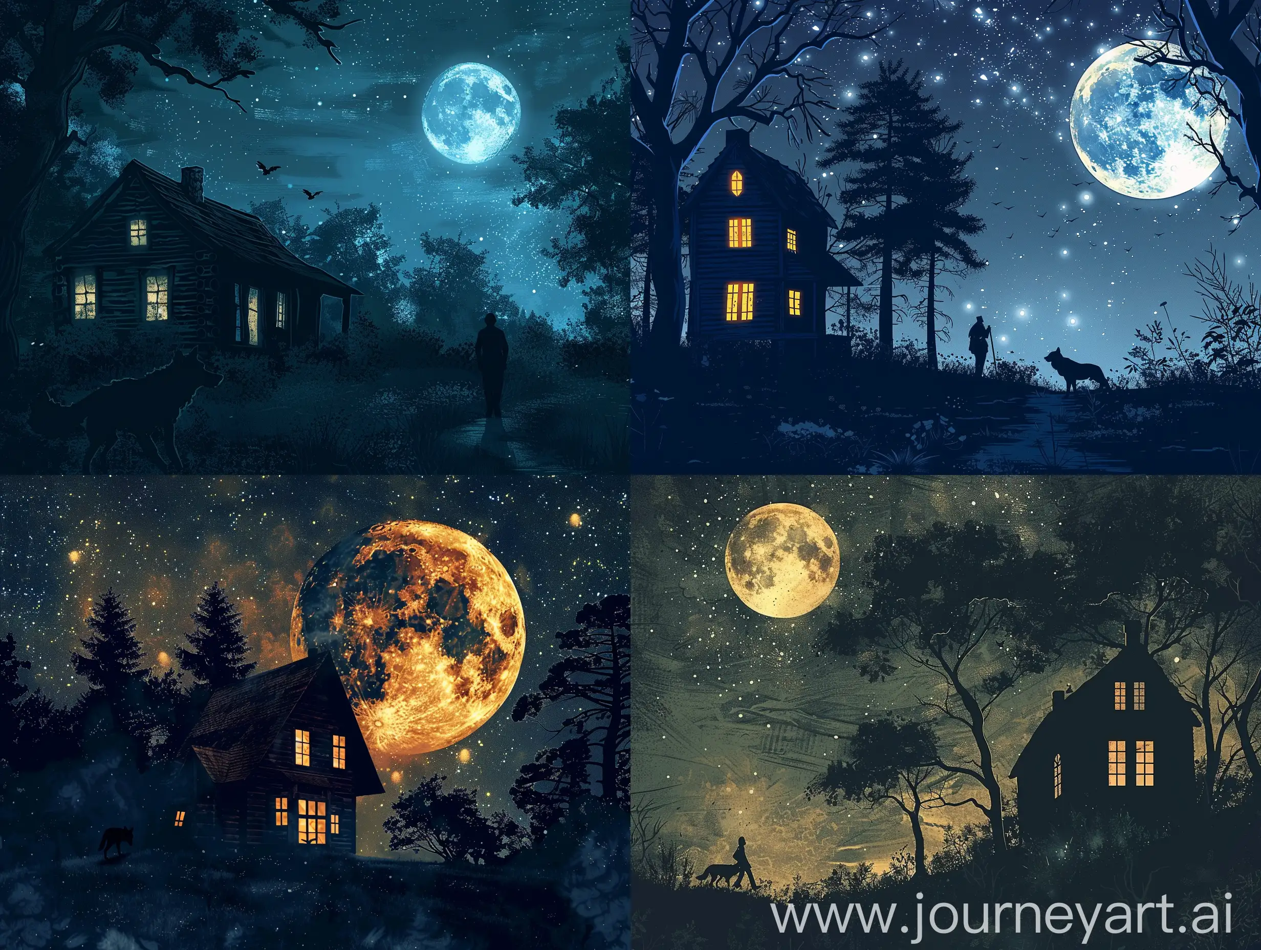 Starry-Night-at-the-Gamekeepers-House-with-Silhouettes-and-a-Wolf