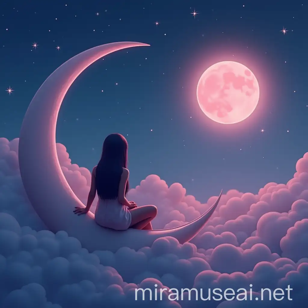 Dreamy Woman Sitting on Half Moon with Pink Moonlit Sky