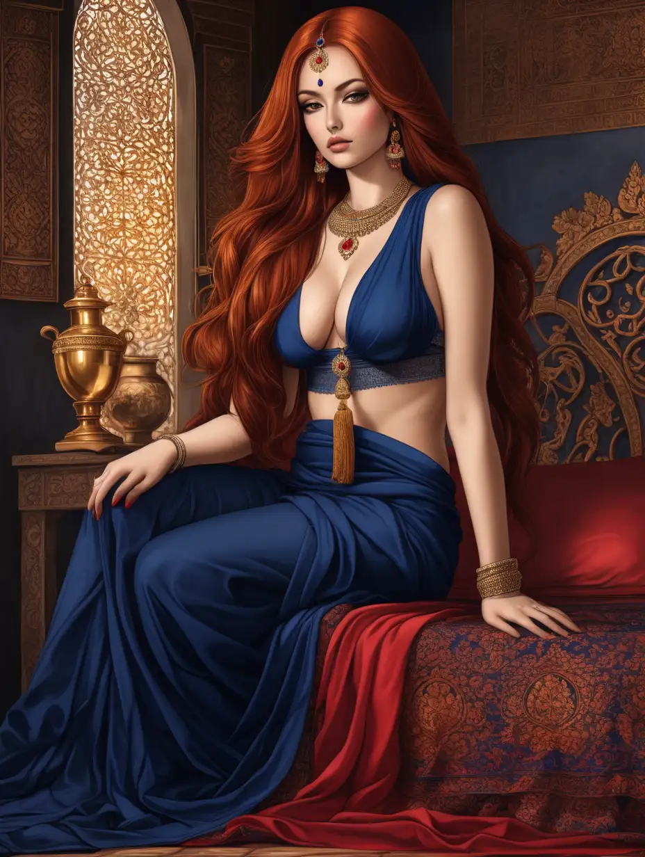 Beautiful-Russian-Concubine-in-a-Dark-Blue-Sari-with-Gold-Jewelry-in-an-Arabic-Bedroom