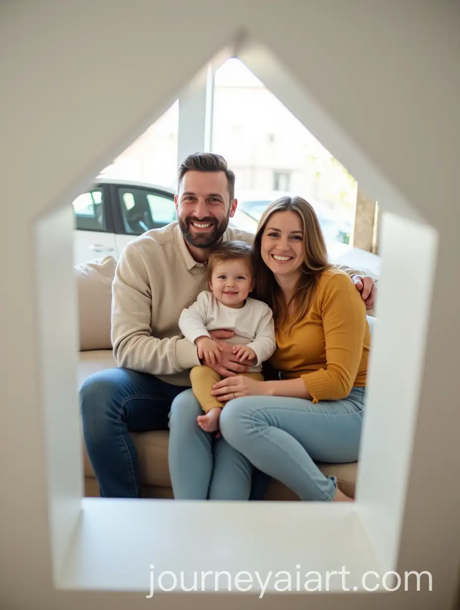 Happy-Family-of-Three-Smiling-Together-on-Sofa-in-Cozy-Modern-Home