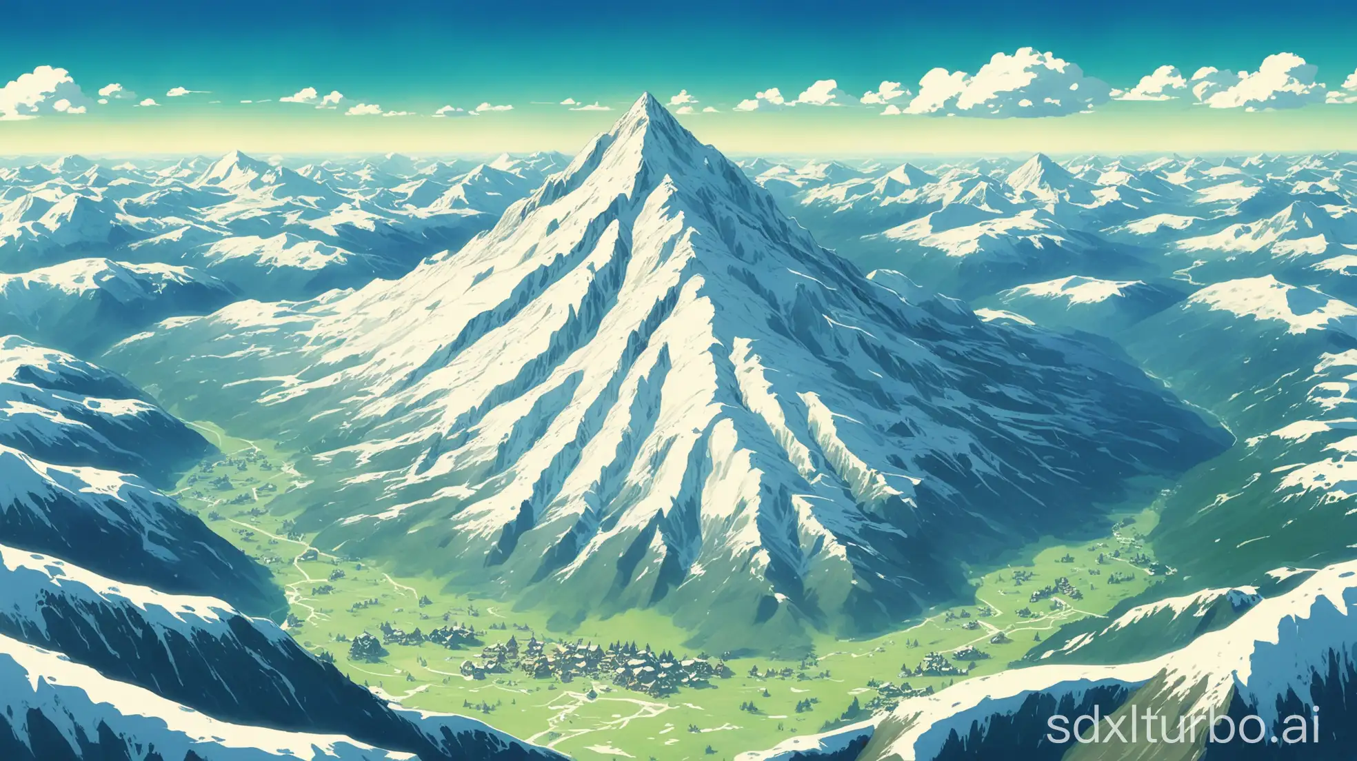 studio ghibli style snow mountain landscape aerial view