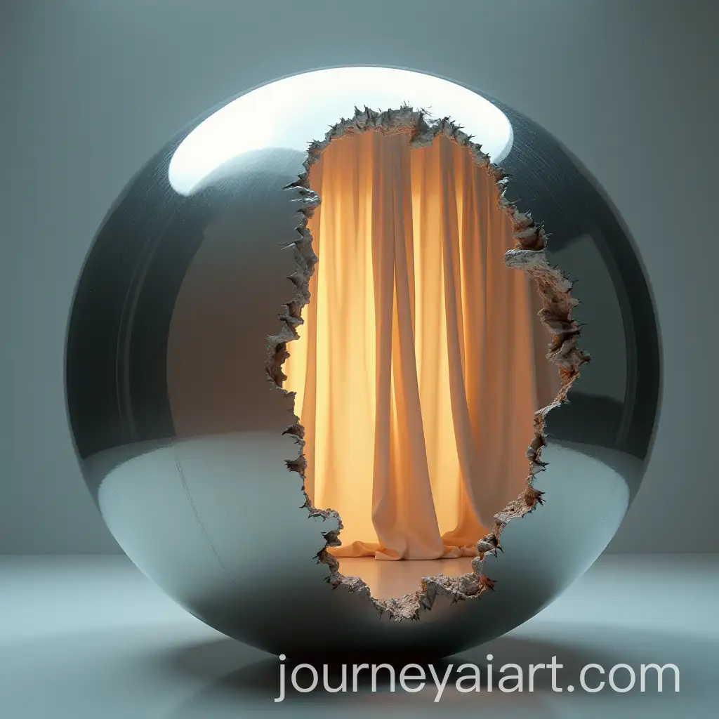 Distorted-Mirror-Sphere-with-Warm-Light-Behind-Curtain-Wall