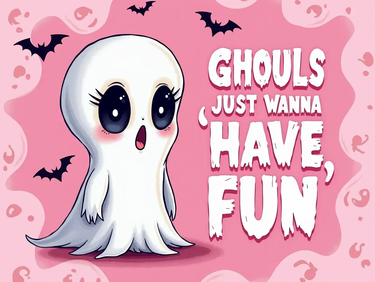 Vector illustration. the word 'Ghouls Just Wanna' 'HAVE FUN' in bold, text the right side of the ghost girl. A spooky Halloween-themed image with a cute, cartoonish ghoul girl in the foreground. The background should have a pink color with a pattern of bats and ghosts. oil paint ink.