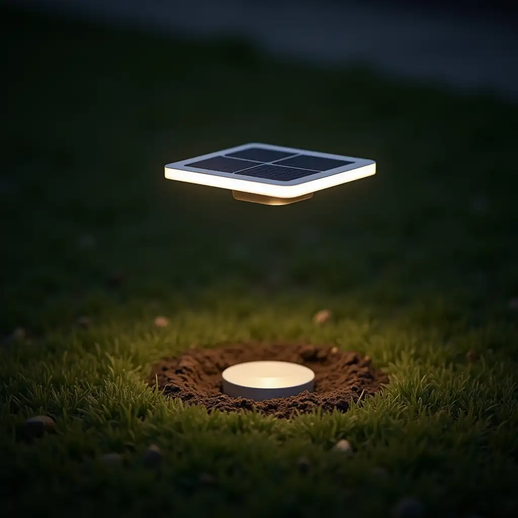 LED garden light, embedded in the ground, the LED light levitates in the air 5 centimeters from the ground while the base is embedded in the ground, there is no connection between the light and the base, it is floating, it is square, it looks technological, it uses solar panels to recharge its battery, it uses propellers to recharge the battery with wind energy, it is wireless