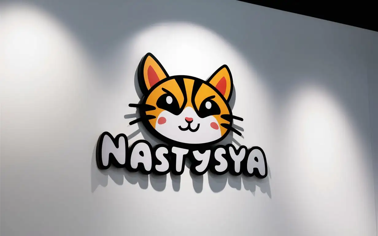 Логотип "Nastysya", на фоне котики, основной фон белый
