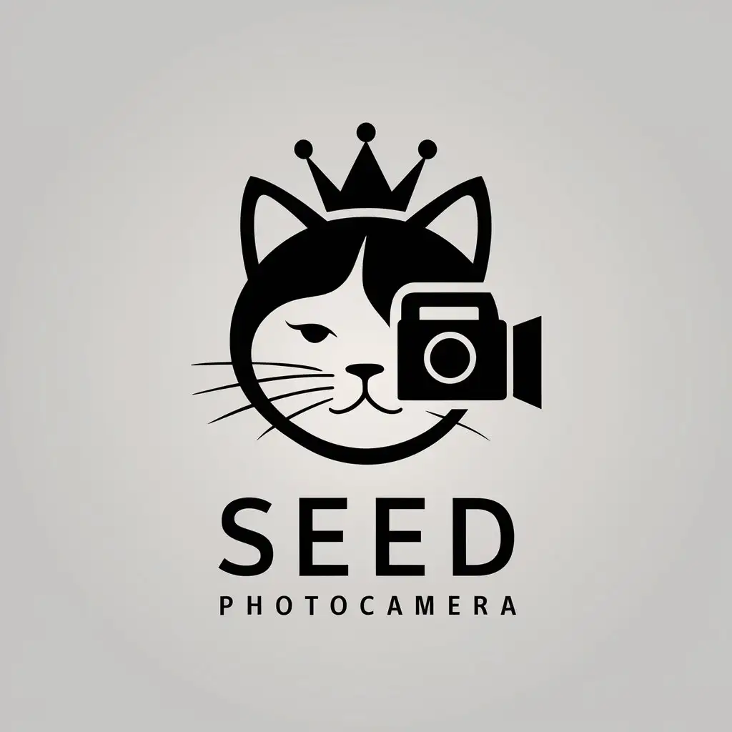 LOGO Design for Seed Minimalistic Cat Face with Crown and Photocamera