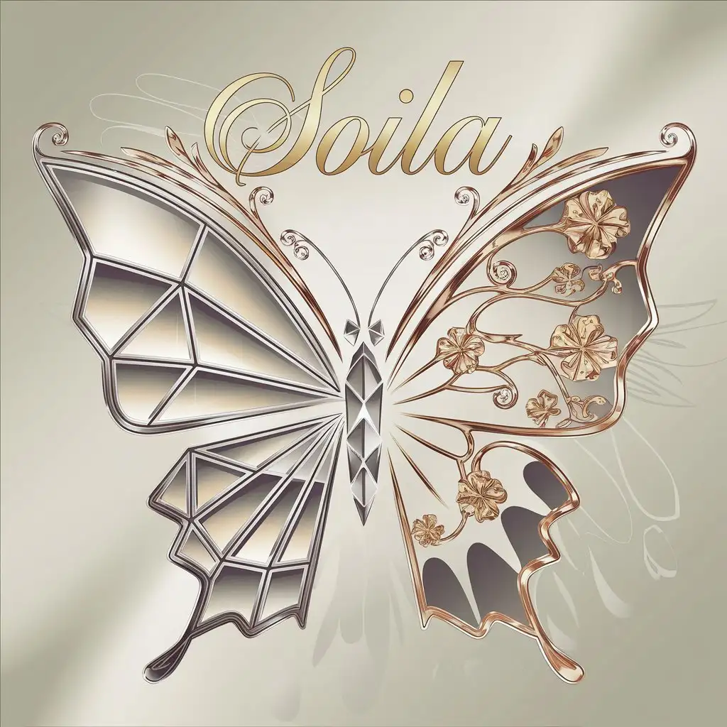 LOGO Design for Soila Luxurious Butterfly with Metallic and Organic Elements in Gold Script