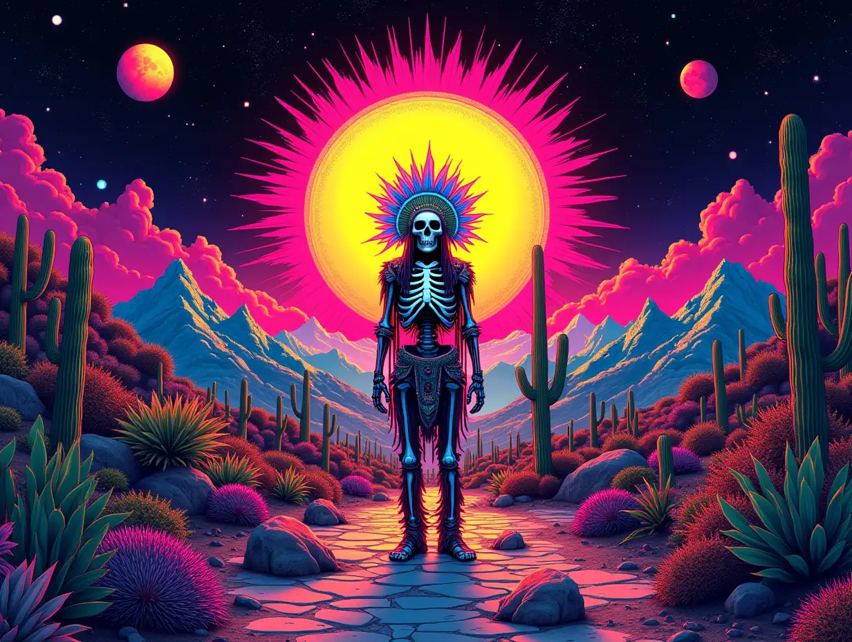 Create an image of a vibrant, psychedelic cosmic landscape featuring a figure resembling a Native American spirit or skeleton. This figure is adorned in ornate, colorful tribal regalia, with a visible skeletal structure beneath. It stands amidst a surreal desert scene with intense, glowing colors of neon pinks, greens, blues, oranges, and yellows. Position the figure in front of a large, radiating sun-like circle, surrounded by smaller glowing circles and intricate geometric patterns. Include glowing, multi-colored peaks of mountains, vibrant cacti, and small figures in the foreground. The cosmos should be interwoven throughout, featuring planets and stars. The image should embody a psychedelic art style with energetic texture, abstract shapes, and a glowing, luminescent quality, resembling hyperrealism infused with symbolic complexity and hallucinatory influences, while maintaining an impressionistic feel. Neon art, Simple lines.