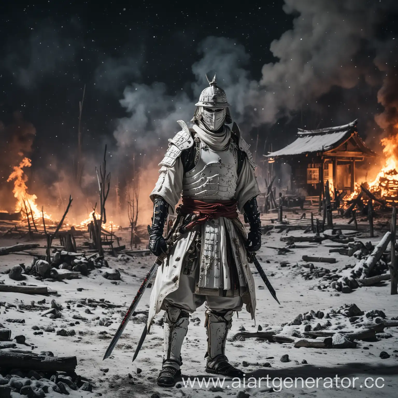 Samurai-in-White-Armor-Amidst-Burning-Village-at-Night