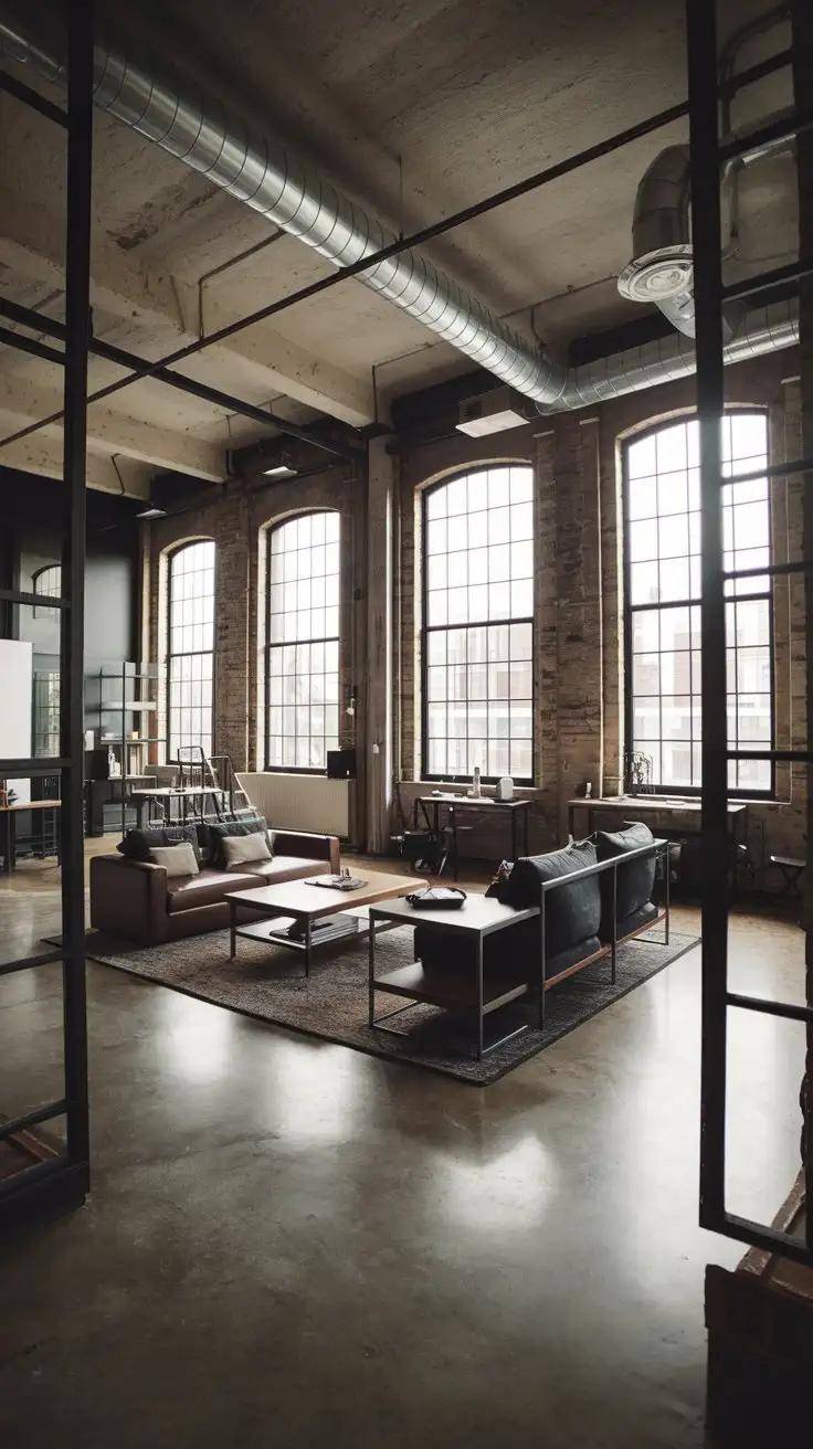 Industrial-Loft-Style-Open-Concept-Living-Room-with-Exposed-Brick-and-Factory-Windows