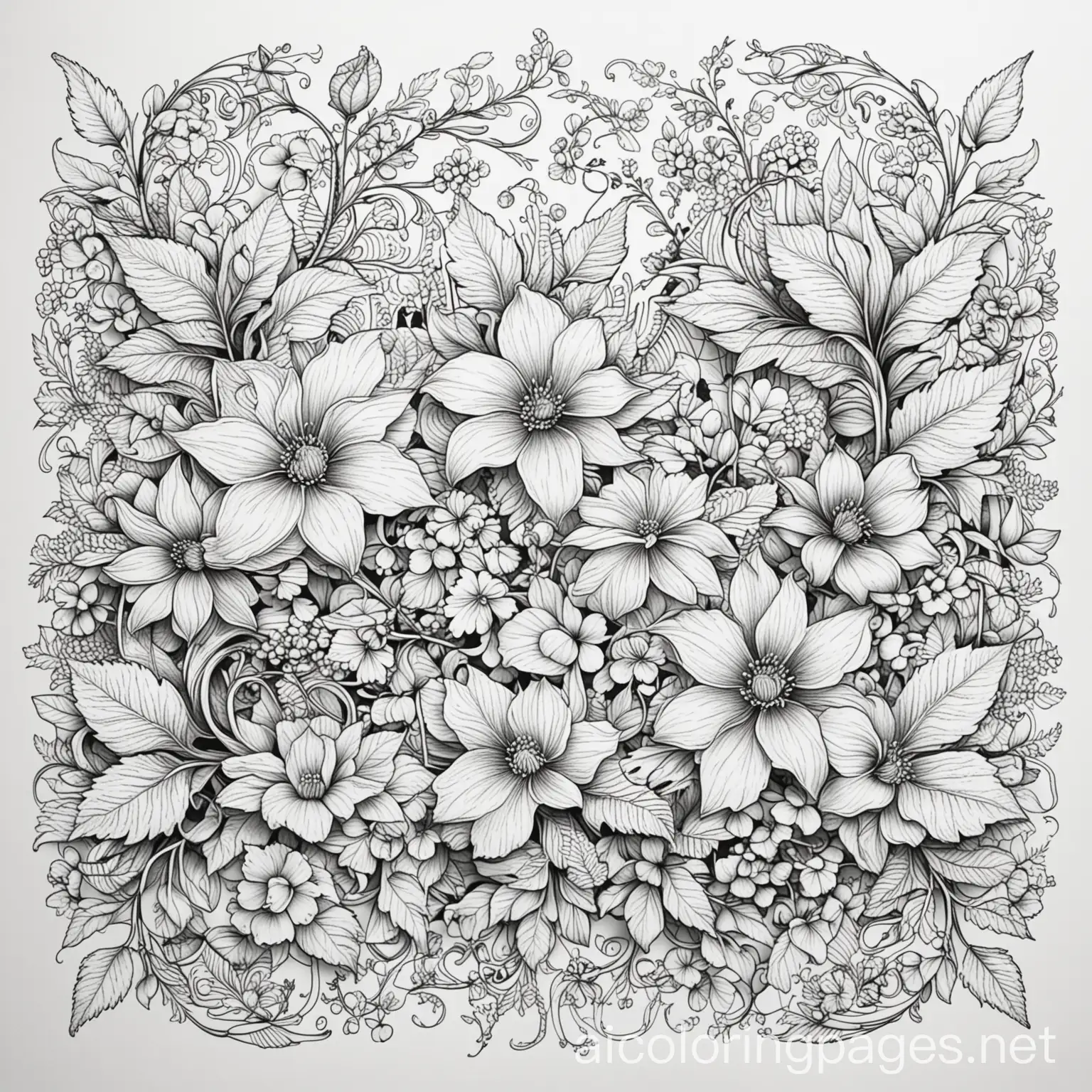 Delicate Floral Border: A thick border of intricate flowers and vines. Centerpiece Flower: A large, detailed flower in the middle. Flowing Vines: Vines extending from the centerpiece flower, interwoven with smaller flowers.  line art drawing, white background , Coloring Page, black and white, line art, white background, Simplicity, Ample White Space. The background of the coloring page is plain white to make it easy for young children to color within the lines. The outlines of all the subjects are easy to distinguish, making it simple for kids to color without too much difficulty