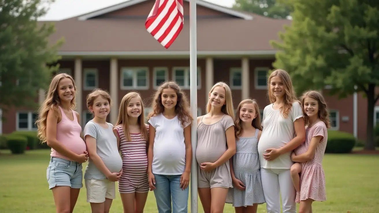 Pregnant-Sisters-with-Toddlers-Standing-Around-Flagpole-at-School