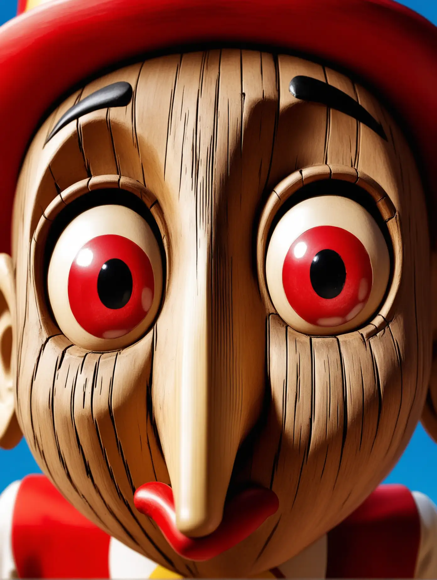 CloseUp of a Wooden Pinocchio with Red Eyes and an Elongated Nose