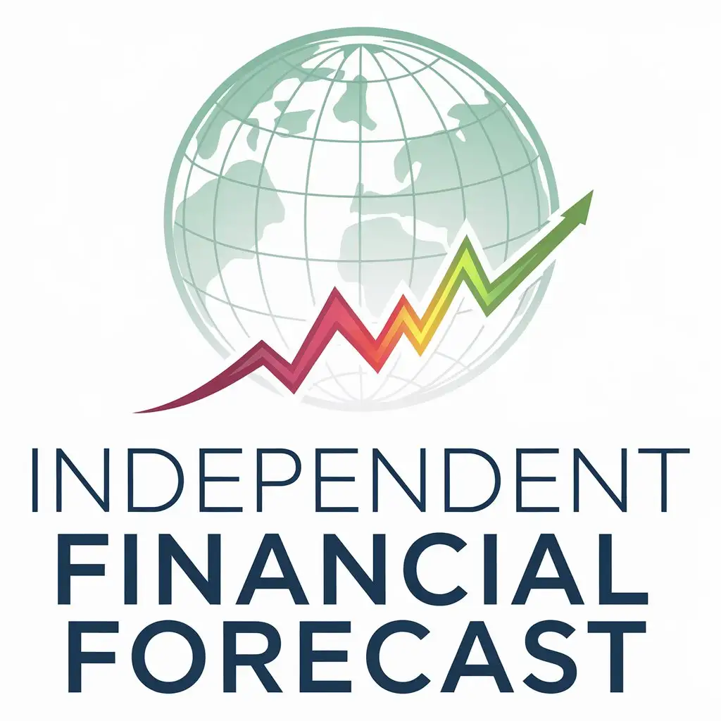 Independent financial forecast logo with the globe in transparent light green line, the globe should be less visible, one trend line with the vibrant colors starting form the red and ending with the green, the letters should be at the bottom of the globe