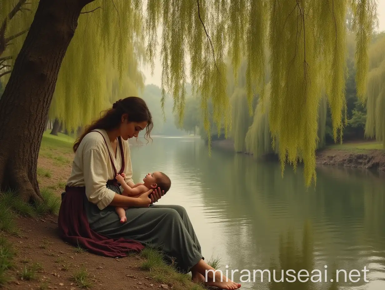 Mother Nurturing Her Baby by a Tranquil WillowLined River