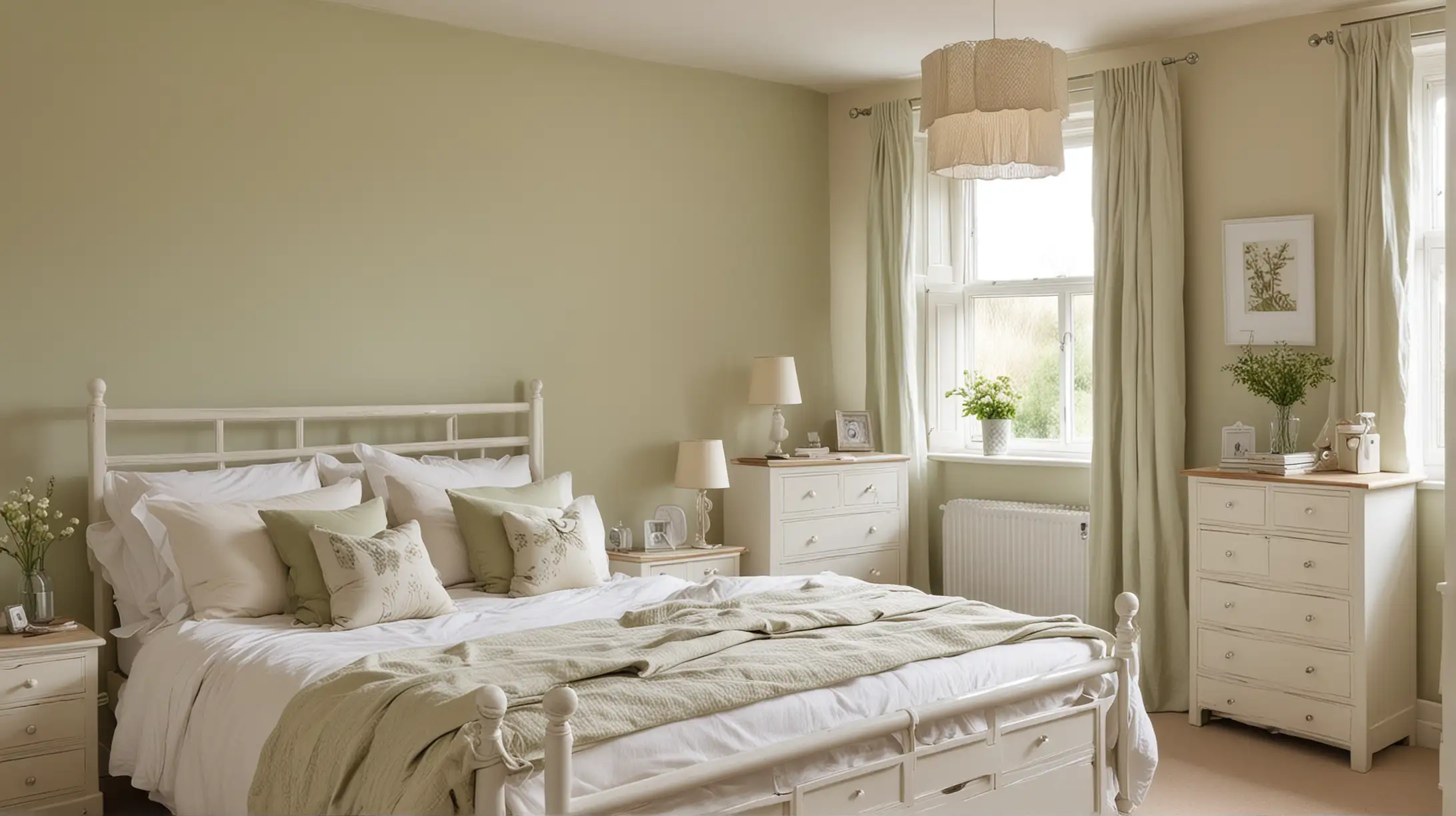 Light Airy Bedroom with White Country Wardrobe and Pale Green Accents