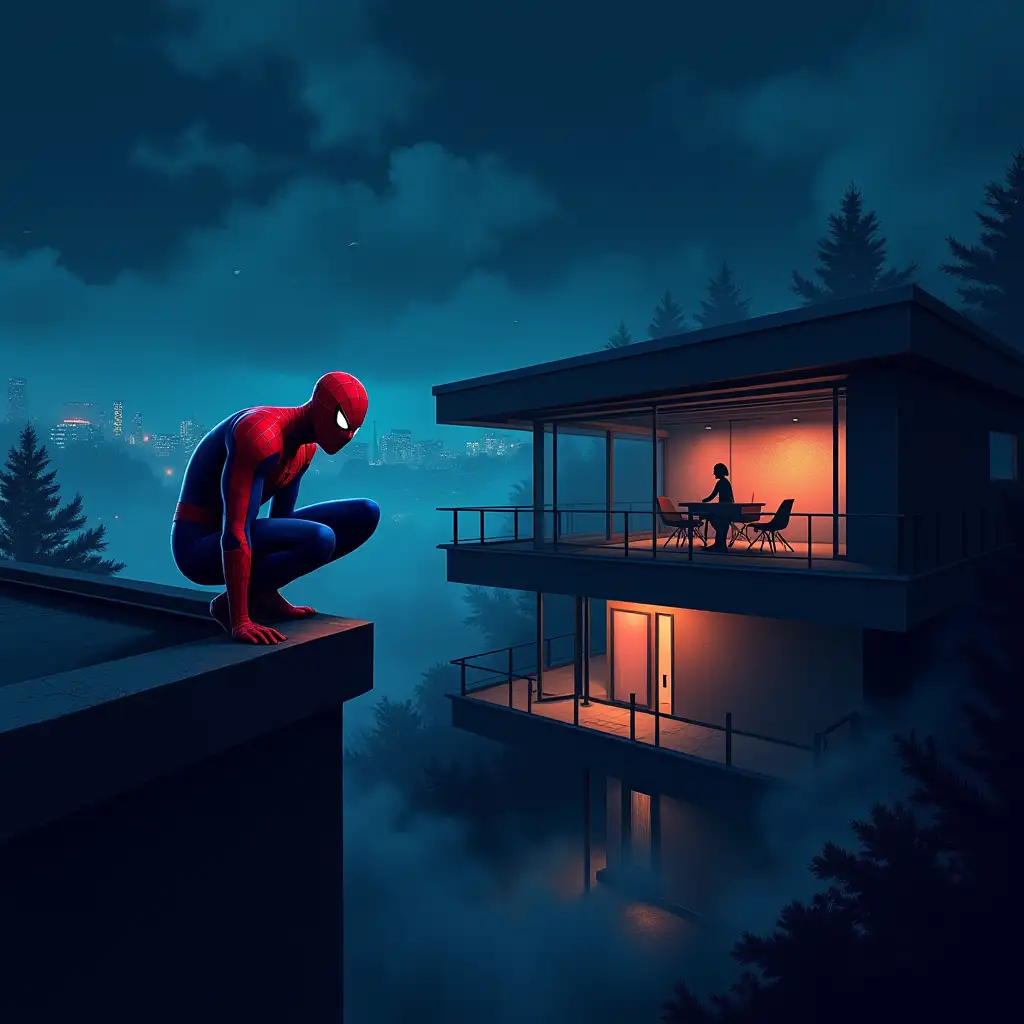 Create a spooky composition split into two parts with the text 'Spider-Man + Modern House' at the top. nn**Left Side:** Show Spider-Man crouched in a dynamic pose on the edge of a sleek rooftop, his red and blue suit highlighted by faint reflections of city lights. Behind him, a moody, twilight sky filled with dark clouds looms, revealing glimpses of a city skyline in shadow. nn**Right Side:** Illustrate a modern house with large glass windows and sharp, minimalist lines, softly lit from within as though someone is home. Dark silhouettes of trees and low-lying fog surround the house, casting eerie shadows that hint at hidden secrets. nn**Overall Atmosphere:** Capture a contemporary noir aesthetic with a dark blue and muted red palette, emphasizing the contrast between Spider-Man's vivid suit and the house’s subtle illumination. The scene should exude an air of suspense and mystery, evoking a sense of lurking danger and the superhero’s watchful presence.