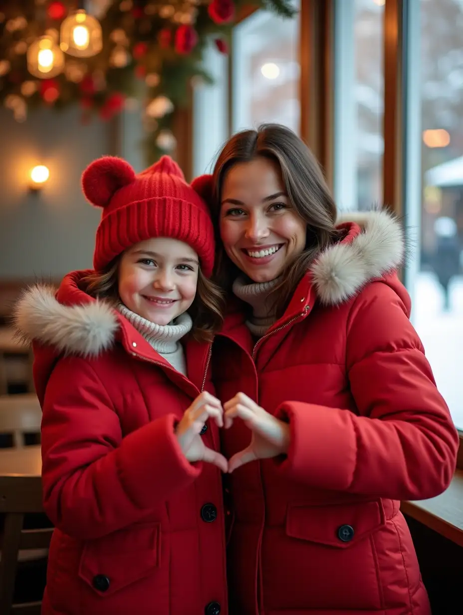 A loving mother and her adorable young child pose together in a cozy café during winter. They are both dressed in matching vibrant red winter coats with fur-trimmed hoods. The child wears a cute red hat with bear ears and a white fur lining, radiating warmth and joy. They form a heart shape with their hands, symbolizing love and happiness. The background showcases a softly lit café with warm lighting, floral decorations, and a snowy city street visible through large windows. The scene exudes warmth, family love, and festive cheer.