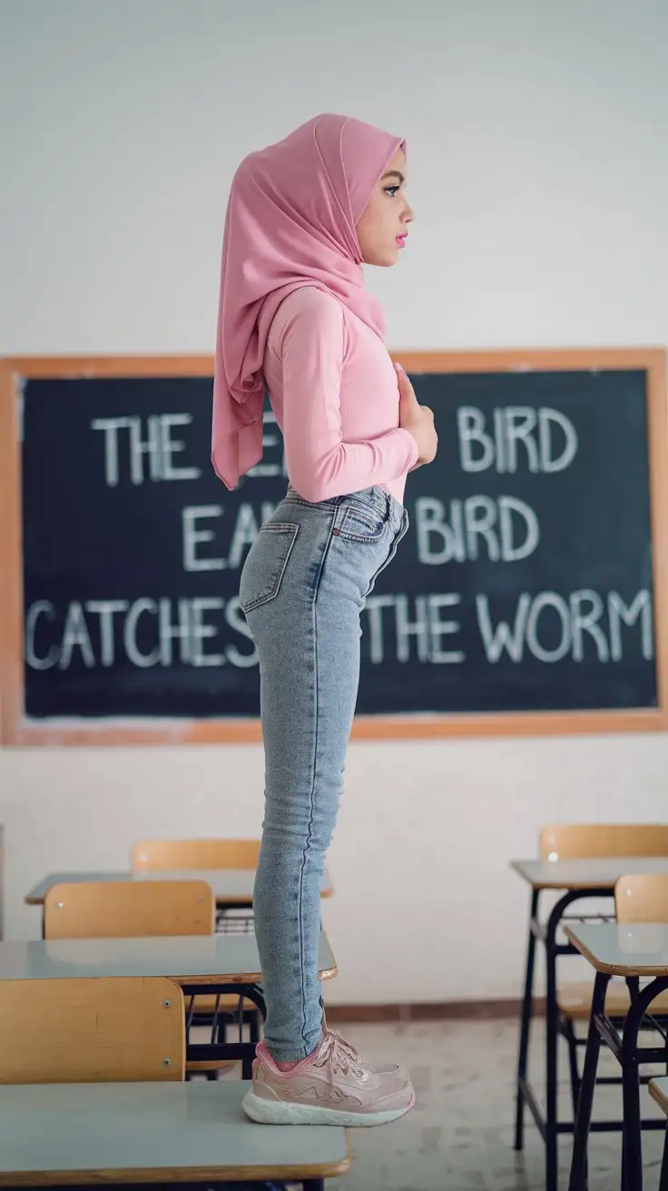 14 years old a girl. The girl wears a high waist tight jeans. In the classroom. Hijab. She sits on the desk. Side view, pink lips, small sport shoes. Slim body, elegant,