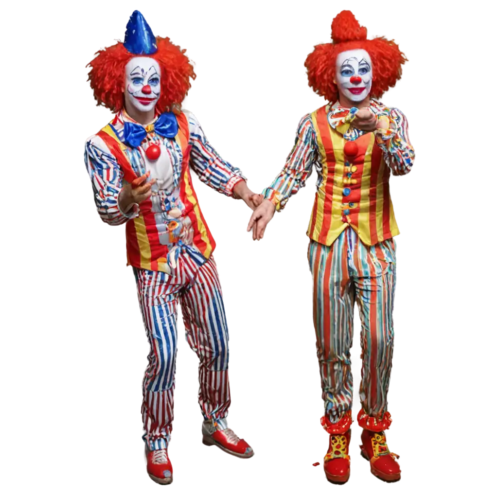 Two-Clowns-Standing-Up-and-Holding-Objects-in-Both-Hands-PNG-Image