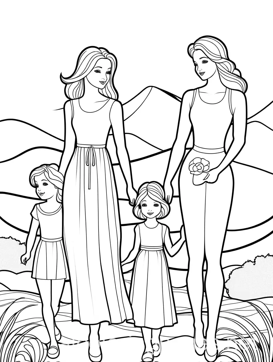 Mother-and-Children-Coloring-Page-Black-and-White-Line-Art