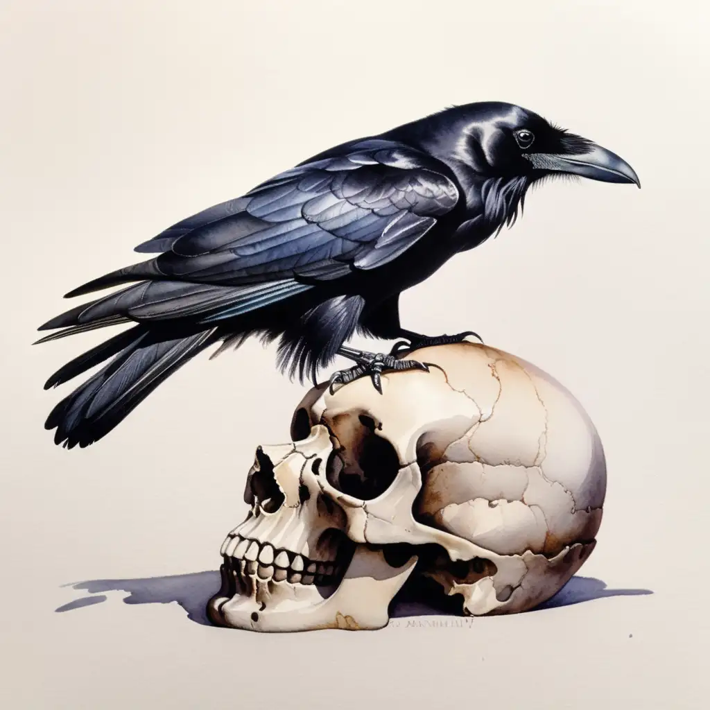 Aesthetic Watercolor Black Raven Perched on Human Skull