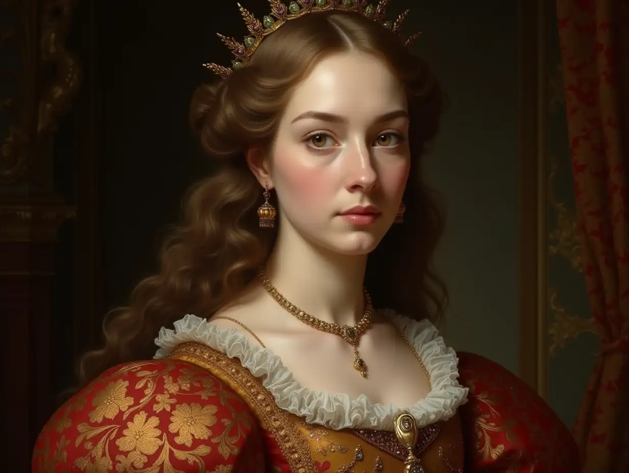 Portrait fine art  in Low Key of extreme realism and highest quality definition details of Queen Isabella I of Spain.Light brown clear eyes of extreme realism and high definition details.Fair and perfect skin,thin and pink lips.Dressed in the era with rich fabrics ,for a royal reception