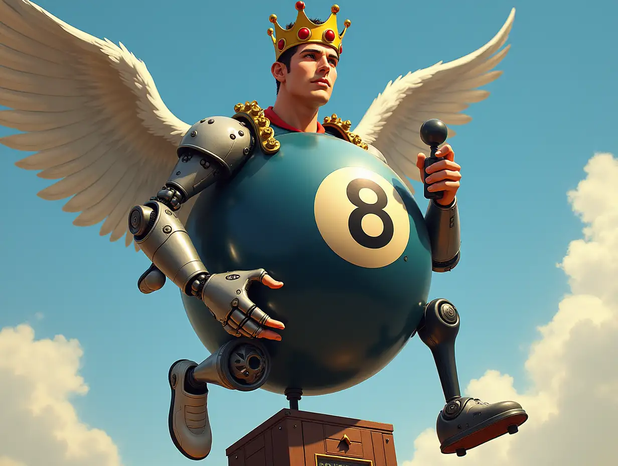 A digital anime painting, A Handsome male with the body of a magic 8 ball, wearing a crown, his left hand is a hamsa and his right arm is robotic holding a old school joystick, he has wings, his legs are wold school hanging weight scale, and his left foot is a white computer mouse, and his right foot is a black computer trackball mouse.