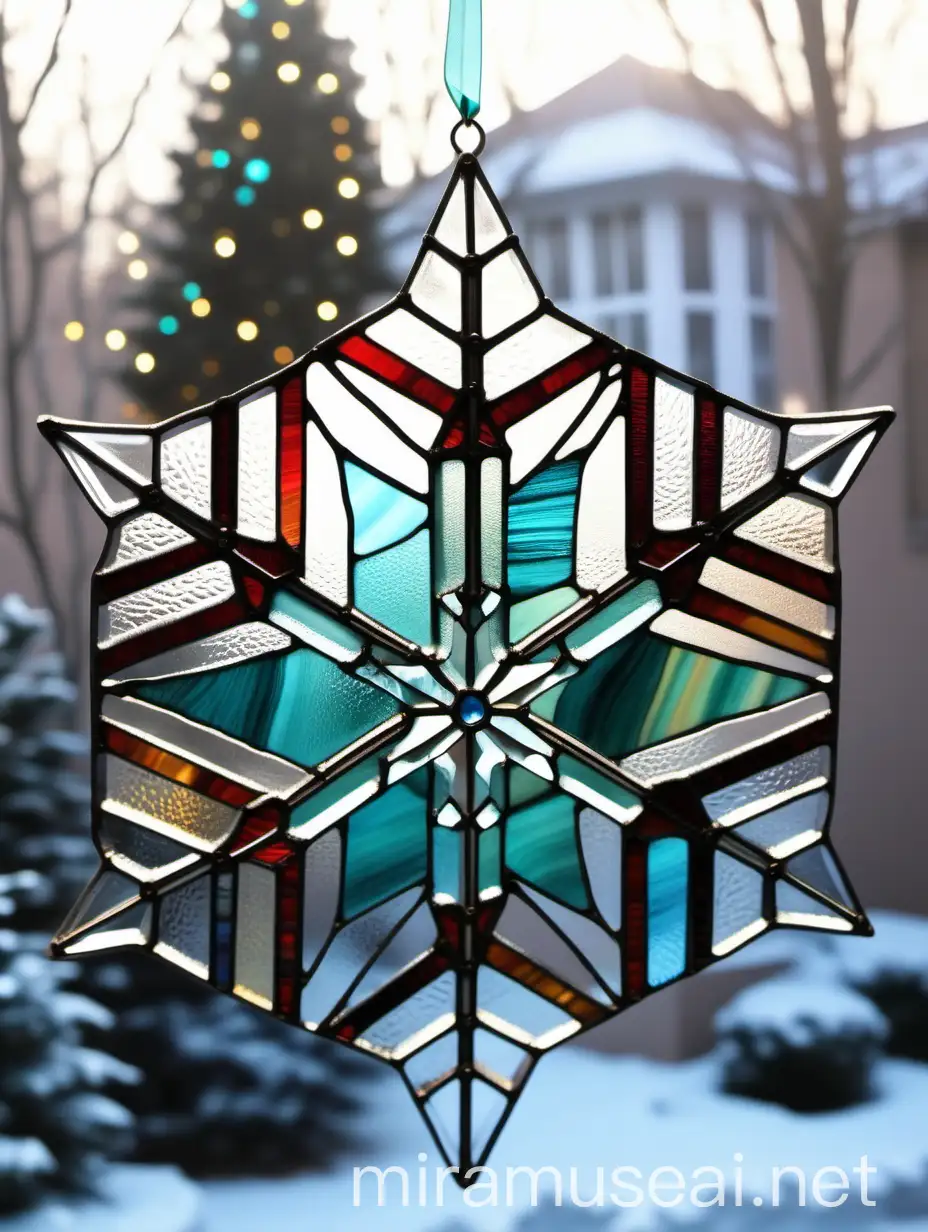 new year decor, stained glass snowflake hanging on the window, from tiffany colored glass