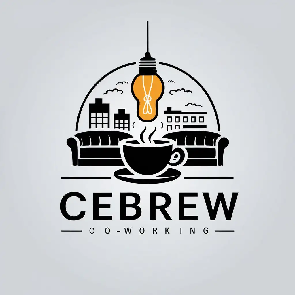 a vector logo design,with the text "CEBREW", main symbol:An old light bulb above a cup of coffee, with sofas and buildings in the background,Moderate,be used in coworking industry,clear background